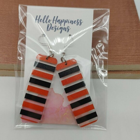 Striped Orange & Black Rectangle Dangle Stud Earrings By Hello Happiness Designs - Picture 1 of 5